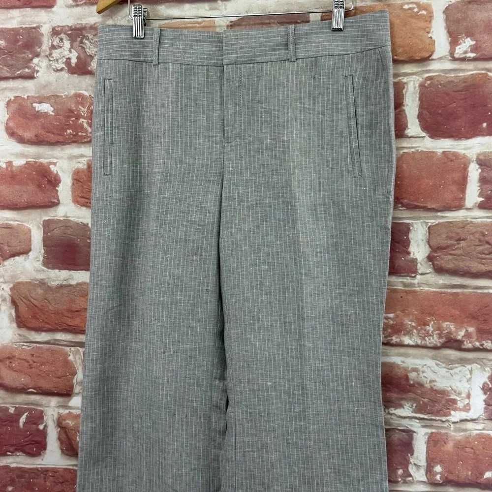 Banana Republic Martin Fit Pants Women's 12L Gray Striped 100% Linen Trousers